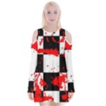 Checkerboard Splatter Velvet Long Sleeve Shoulder Cutout Dress