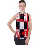 Checkerboard Splatter Mock Neck Chiffon Sleeveless Top