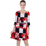 Checkerboard Splatter Quarter Sleeve Ruffle Waist Dress