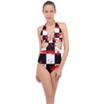 Checkerboard Splatter Halter Front Plunge Swimsuit