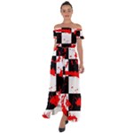 Checkerboard Splatter Off Shoulder Open Front Chiffon Dress