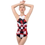 Checkerboard Splatter Cross Front Low Back Swimsuit
