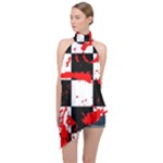 Checkerboard Splatter Halter Asymmetric Satin Top
