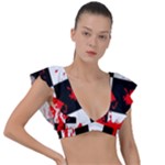 Checkerboard Splatter Plunge Frill Sleeve Bikini Top