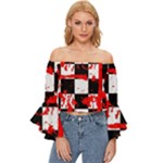 Checkerboard Splatter Off Shoulder Flutter Bell Sleeve Top