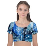 Blue Abstract Graffiti Velvet Short Sleeve Crop Top 