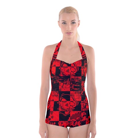 Red Grunge Skull Boyleg Halter Swimsuit  from ArtsNow.com