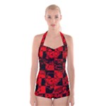 Red Grunge Skull Boyleg Halter Swimsuit 