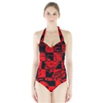 Red Grunge Skull Halter Swimsuit