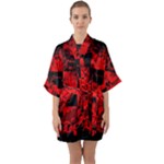 Red Grunge Skull Half Sleeve Satin Kimono 
