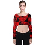 Red Grunge Skull Velvet Long Sleeve Crop Top