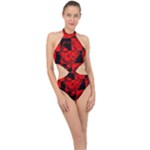 Red Grunge Skull Halter Side Cut Swimsuit
