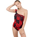 Red Grunge Skull Frilly One Shoulder Swimsuit