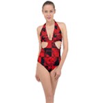 Red Grunge Skull Halter Front Plunge Swimsuit