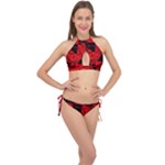 Red Grunge Skull Cross Front Halter Bikini Set
