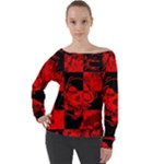 Red Grunge Skull Off Shoulder Long Sleeve Velour Top
