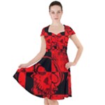 Red Grunge Skull Cap Sleeve Midi Dress