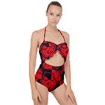 Red Grunge Skull Scallop Top Cut Out Swimsuit