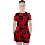 Red Grunge Skull Women s Tee and Shorts Set