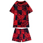 Red Grunge Skull Kids  Swim Tee and Shorts Set