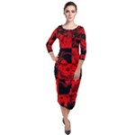 Red Grunge Skull Quarter Sleeve Midi Velour Bodycon Dress