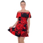 Red Grunge Skull Off Shoulder Velour Dress