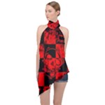 Red Grunge Skull Halter Asymmetric Satin Top