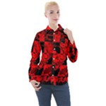 Red Grunge Skull Women s Long Sleeve Pocket Shirt
