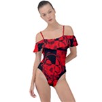 Red Grunge Skull Frill Detail One Piece Swimsuit