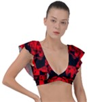 Red Grunge Skull Plunge Frill Sleeve Bikini Top