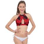 Red Grunge Skull Cross Front Halter Bikini Top