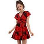 Red Grunge Skull Flutter Sleeve Wrap Dress