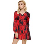 Red Grunge Skull Tiered Long Sleeve Mini Dress