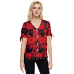 Red Grunge Skull Bow Sleeve Button Up Top