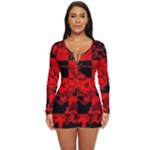 Red Grunge Skull Long Sleeve Boyleg Swimsuit