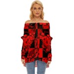 Red Grunge Skull Off Shoulder Chiffon Pocket Shirt