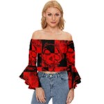 Red Grunge Skull Off Shoulder Flutter Bell Sleeve Top