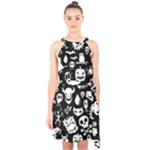 Monsters Halter Collar Waist Tie Chiffon Dress