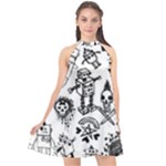 Scene Kid Sketches Halter Neckline Chiffon Dress 