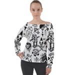 Scene Kid Sketches Off Shoulder Long Sleeve Velour Top