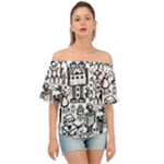 Robot Crowd Off Shoulder Short Sleeve Top