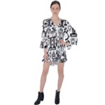 Robot Crowd V-Neck Flare Sleeve Mini Dress