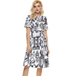 Robot Crowd Button Top Knee Length Dress