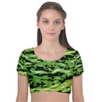 Green  Waves Abstract Series No11 Velvet Short Sleeve Crop Top 