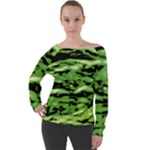 Green  Waves Abstract Series No11 Off Shoulder Long Sleeve Velour Top