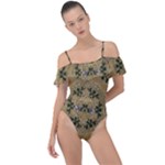 Wood Art With Beautiful Flowers And Leaves Mandala Frill Detail One Piece Swimsuit