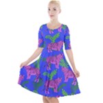 Pink Tigers On A Blue Background Quarter Sleeve A-Line Dress