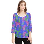 Pink Tigers On A Blue Background Chiffon Quarter Sleeve Blouse