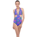 Pink Tigers On A Blue Background Halter Front Plunge Swimsuit