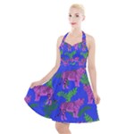 Pink Tigers On A Blue Background Halter Party Swing Dress 